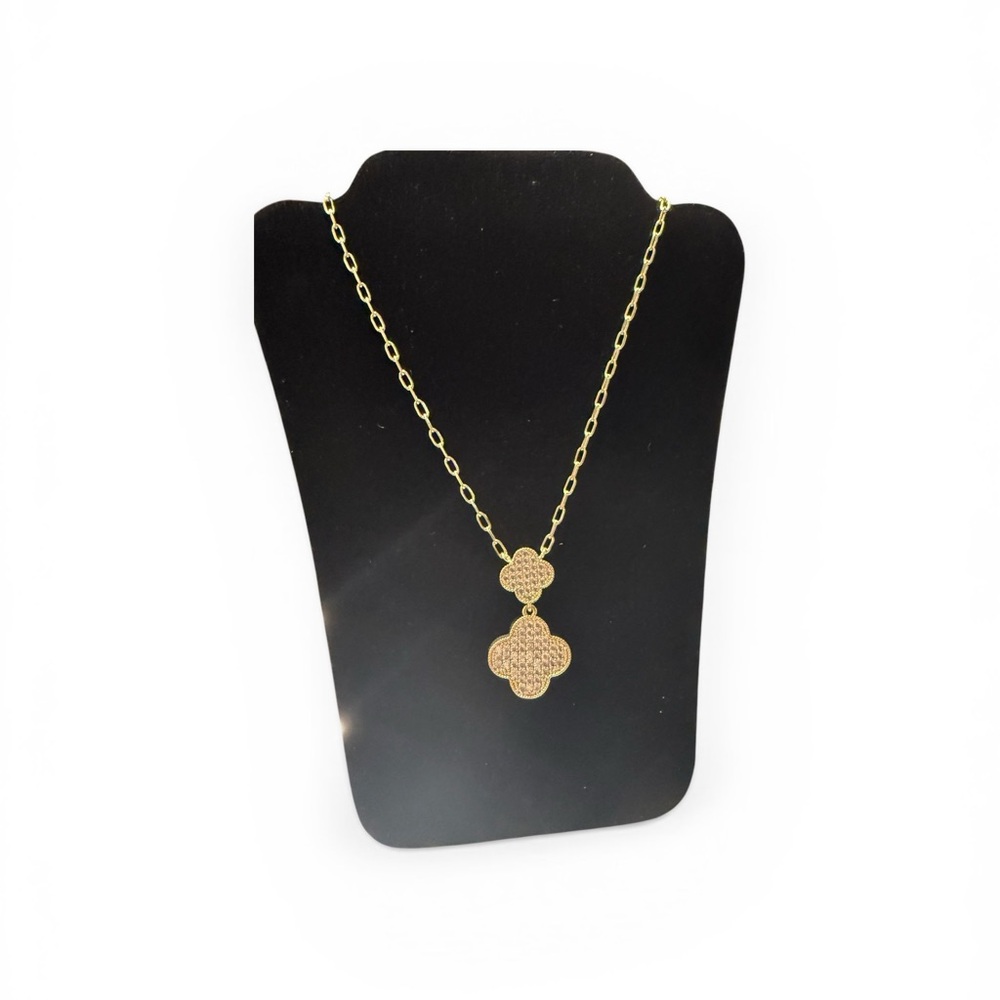 Gold Clover Pendant Necklace | Pavé Crystal Double Clover Chain |